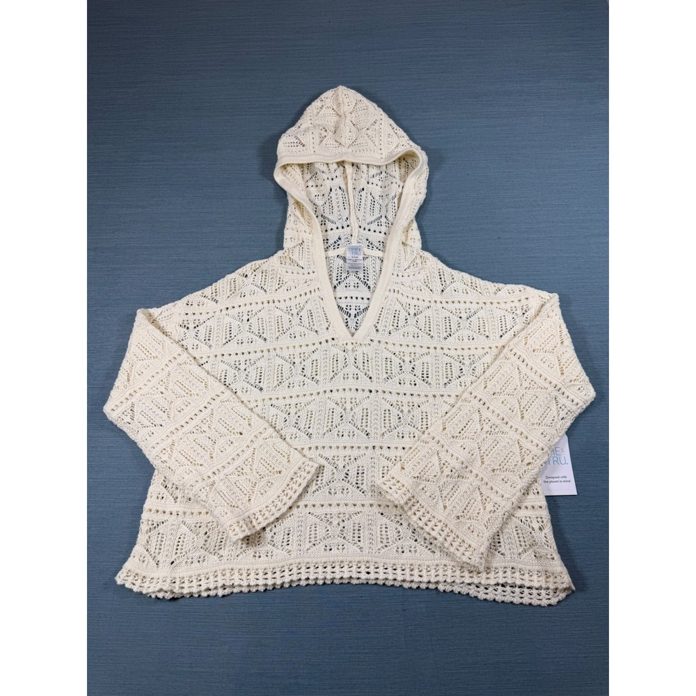 Time and Tru Cream Crochet Knit Hoodie Coverup Small S 4-6 Boho Geometric Cotton